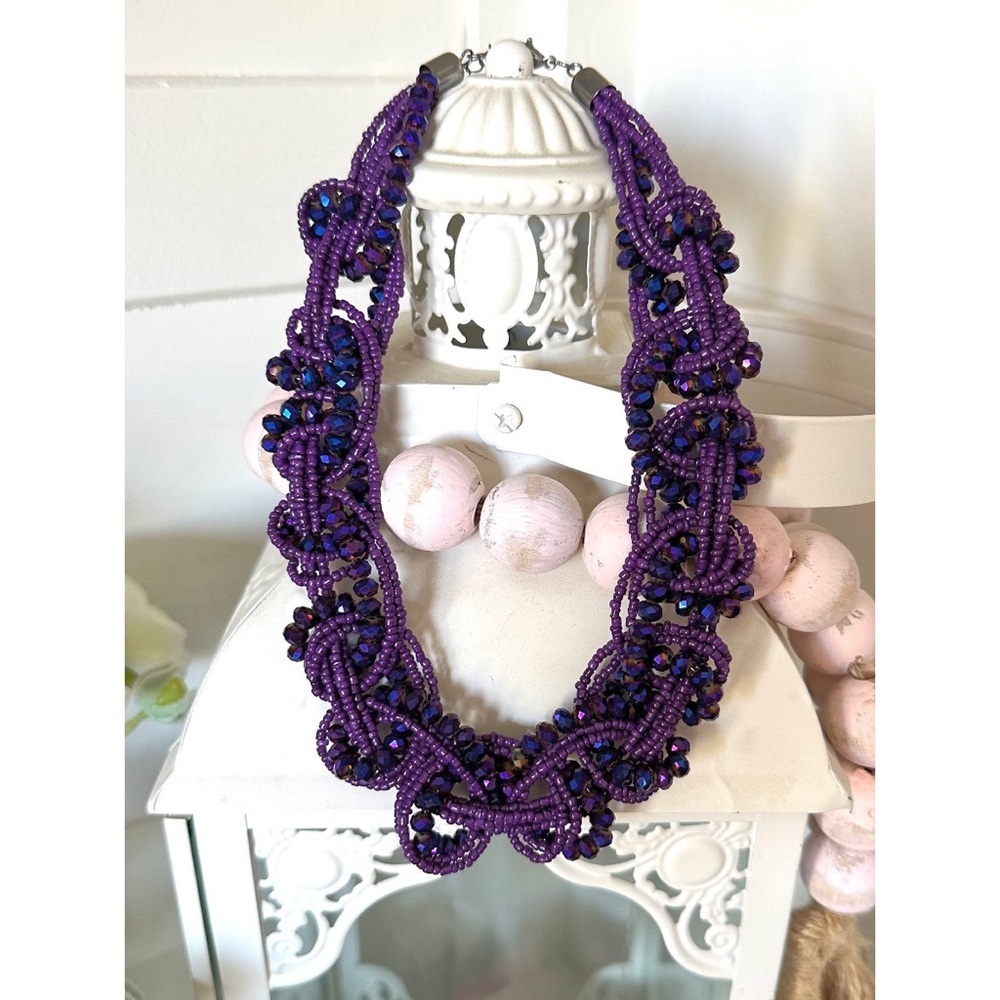 Iridescent Purple seed bead necklace, woven in twisted braided statement design